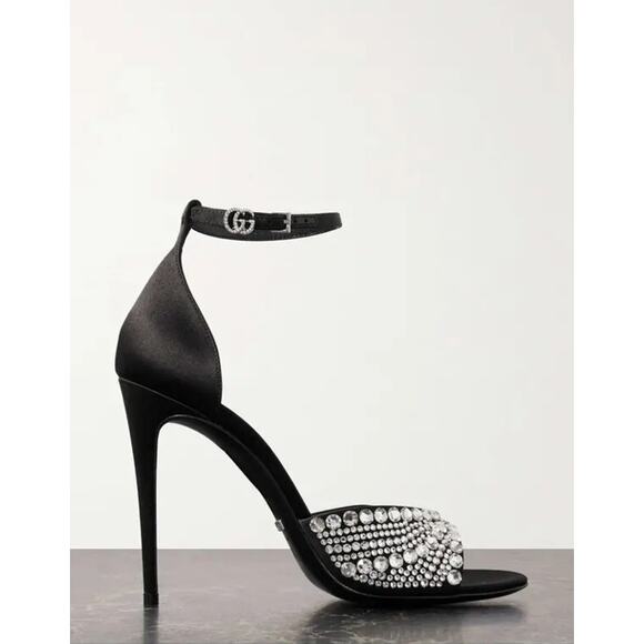 Gucci Ilse Crystal-Embellished Open Toe Satin Heel Sandals Black  EU 39 US 9 - Picture 1 of 14